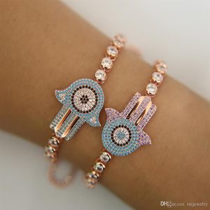 Ganzes hochwertiges CZ-Lila-Blau-Hamsa-Handarmband, türkischer Schmuck, türkisfarbene Stein-Tenniskette, verstellbare Armbänder278l