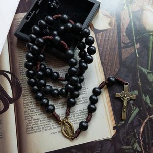 Pendanthalsband Cottvobronze Color St.Benedict Exorcism Medal Black Wood Beads Chain Katolsk Crucifix Cross Rosary Neckace Chaplet