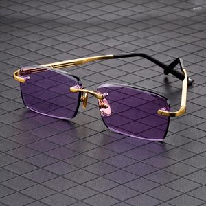 Sunglasses Purple Crystal Stone Man Rimless Glass Sun Glasses Woman Mineral Lens Metal Frame Anti Scratch Top Quality