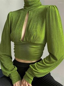 Mulheres Camisetas Zabrina Outono Veludo Verde Turtleneck Y2K Roupas para Mulheres Corte Manga Longa Slim Elegante T-shirt Senhoras Pulôver Tees