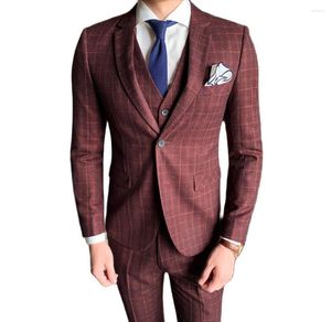 Ternos masculinos borgonha xadrez casamento homens define notch lapela grade blazer calças feito sob encomenda noivo smoking festa wear homem jaqueta calças colete