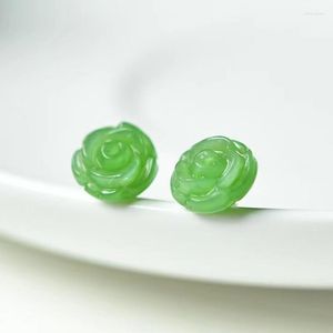 Orecchini a bottone Rosa verde Argento sterling 925 Vera giada naturale di Hetian Pietra scolpita Gioielli antichi cinesi di fiori per le donne