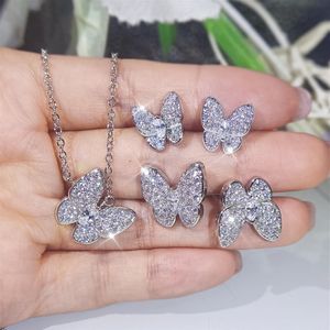 Charming Women Jewelry Set High Quality White Gold Plated CZ Butterfly Earrings Ring Necklace Set for Girls Women Nice Gift199Y