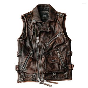 Men's Vests American Retro Biker Man Genuine Leather Vest First Layer Cowhide Coat Short Riding Multi-Pocket Women