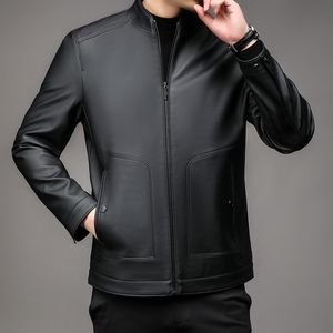 Stehkragen-Lederjacke für Herren mittleren Alters, Vaterkleidung, Herbst-Winter, PU-Kunstledermantel, für Herren, Business, Freizeit, Plüsch, verdickte Oberbekleidung, Oberteile, XXXXL