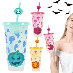 Copos de mudança de cor com tampas e canudos 3 pcs Halloween abóbora fantasma design festa copo 24oz reutilizável tumbler grosso café