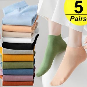 Meias femininas 5 pares verão algodão invisível antiderrapante doces sólido baixo corte meia chinelo moda fina tornozelo barco