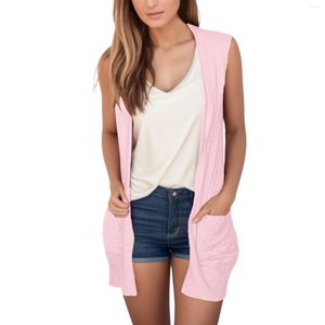 Casacos femininos femininos casual sólido impressão v pescoço casaco aberto frente leve cardigan sem mangas solto outwear com bolsos