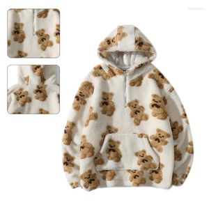 Women's Hoodies Mens Winter Faux Wool Thicken Warm Cartoon Bear Printed Half Zip Up Sweatshirt Harajuku Fuzzy Oversized Loose Pullover T