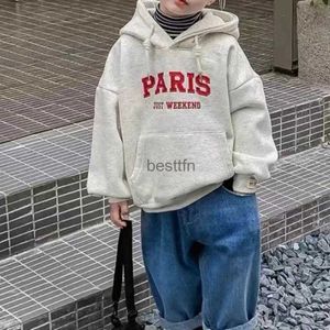 Herrtröjor tröjor våren Autumn Winter Fleece Korea brev varm huvtröja baby pojkar flicka hoodies casual pocket pullover spädbarn tröja unisex barnl231003