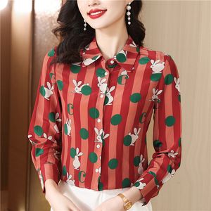 2023 Women Red Polka Dot Shirt Luxury Designer Classic Button Up Shirt Autumn Winter Runway Long Sleeve Satin Lapel Blouses Office Ladies Simple Fashion Printed Tops