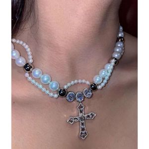 Collana con croce di perle bianche naturali a catena cubana di nuovo design Collana con catena a maglie cubane in argento Moissanite S925 Vvs