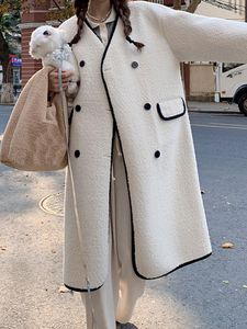 女性の毛皮のランレム女性ラムミッドレングスコート韓国スタイルvネックダブル胸肉造影服ファッション冬23051