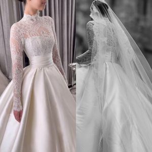 Elegant A Line Lace Wedding Dresses High Neck Long Sleeves Wedding Dress Button Back Sweep Train Ruffle robe de mariee bridal gowns