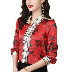 Moda de luxo floral cetim vermelho camisa feminina designer manga longa lapela blusas de seda brilhante 2023 outono inverno gráfico botão acima camisas escritório senhoras chique novo em topos