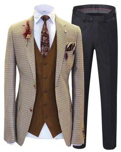 Men's Suits Fashion 3Pcs Wedding Khaki Plaid Suit Groom Tuxedos Groomsman Man Party Male Tailor-made Blazer Pants Vest