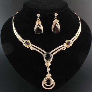 Garnet Topaz Yellow Gold Plated Necklace Fashion Bridal Zircon Crystal Wedding Necklace Earrings Wedding Jewelry Set327L