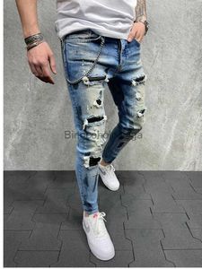 Jeans masculinos azul jeans skinny para homens pintados trechos magros raspados rasgados angustiados joelheiros calças de jeans da marca casual malel231003