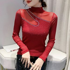 Women's T Shirts 2023 Fall Winter Korean Style T-shirt Chic Sexig Mock Neck Patchwork Mesh Shiny Diamonds Topps Långärmad borrning Tees