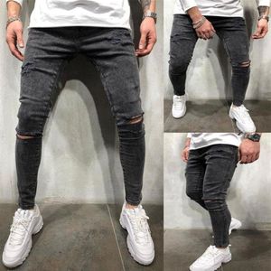 Męskie dżinsy 2021 Mężczyźni chuda rozryta motocyklowy motocykl dla jeansu Pencil Penci Black Blue Zniszczony Frayed Fit Jean Slim Streetwear Moder306c