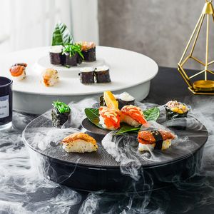 Creative Sashimi Dry Ice Plate Japanese Western Hotel Restaurant Food Salmon Seafood Sushi Ceramic Matte Black Serving Plate