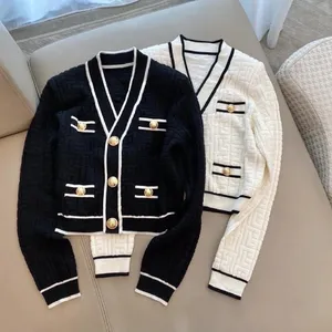 new designer womens Sweaters French retro V-neck button Decoration Floating point pattern black white colour Leisure vacation High quality coat knitwear Clothes