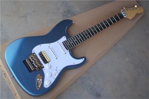 Yüksek kaliteli özel mağaza sunburst metalik mavi elektro gitar gül ağacı klavye ssh pikaplar tremolo köprü kilitleme somunu yıldız kakma krom donanım