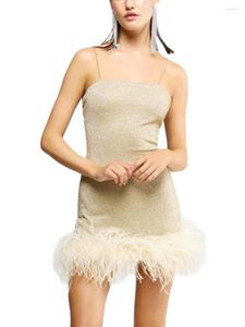 Casual Dresses Women S Y2K Shiny Bodycon Dress Sexy Sleeveless Spaghetti Strap Feather Trim Solid Color Mini Party Clubwear Short
