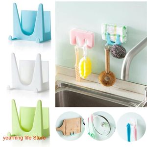 Hooks 2 PCS Wall-mounted Lid Rack With Hook Kitchen Bathroom Home Sponge Cleaning Storage Tool Free Punching