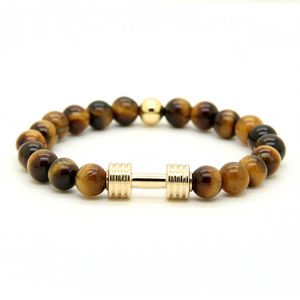 1PCS Bracciale in metallo placcato oro reale Nuovo bilanciere 8mm Immagine grigia Diaspro A Grade Tiger Stone Beads Fitness Fashion Dumbbell301D