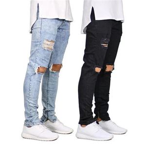 Jeans masculinos 2 cores homens casual joelho buraco zíper design elástico cintura lápis fino ajuste elegante estilo vento urbano legal pant255k