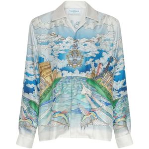 23SS Casablanca Casual Shirt Blue Sky White Cloud Flying Fish Hawaii Shirt Aircraft Print Long Sleeve Shirt Casablanc