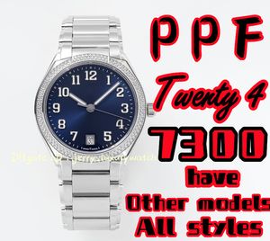 PPF Elegante PP 7300 Twenty~4 Orologio meccanico di lusso da donna 324SC Movimento meccanico Superficie in vetro zaffiro curvo da 36 mm, riserva di carica di 45 ore blu