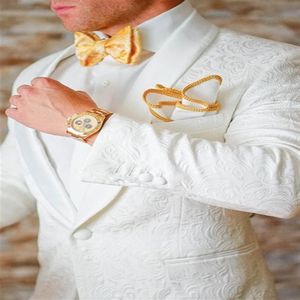 Klassisk design White Paisley Groom Tuxedos Groomsmen Shawl Lapel Man Suit Wedding Men's Blazer Suits Jacket Pants Bow T263D