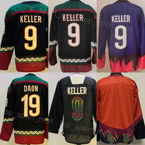 Maglia da hockey su ghiaccio da uomo 9 Clayton Keller 19 Shane Doan Reverse Retro Nero Arancione Rosso Viola Bianco Squadra Away Tutto cucito a colori Ricamo e cucito per gli appassionati di sport