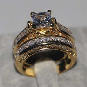 Aşıklar Halkası Prenses Kesme 2CT 5A Zircon CZ Sarı Altın 925 STERLING Gümüş Nişan Düğün Bandı Setleri Kadınlar Men2532