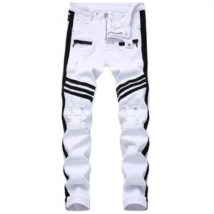 Jeans masculinos 2023men branco zíper preto guarnição lateral listra magro estiramento rasgado calças casuais281d