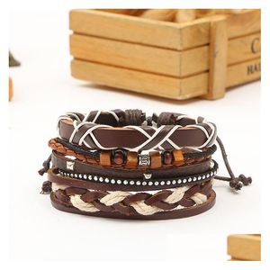 Chain Link Woven Leather Armband Mens and Womens Cuff Sound Wood Pärla Etnisk stam Justerbar Drop Leverans smycken Armel Dhgarder Dh83p