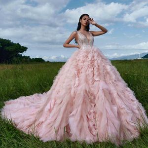 Abiti casual Stupendo rosa molto lussuoso tutù increspato tulle da sposa abiti da ballo con paillettes in cristallo lucido abito formale di lusso