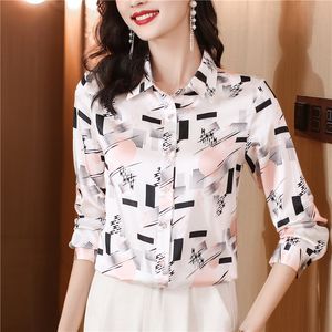 Vintage Silk Satin Button Up Shirt Women Designer Långärmning LAPEL ELEGANT PRINTED BLOUSES 2023 Autumn Winter Fashion Runway Shirts Sweet Office Ladies Tops