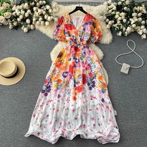 Casual Dresses Summer Runway Chic Flower Chiffon Dress Women's V-Neck Short Sleeve High Ealstic Waist Floral Print Holiday Pa2372