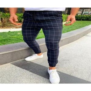 Sexig hög wasit vår sommar mode ficka mäns smala fit pläd raka ben byxor casual blyerts jogger casual pants270b