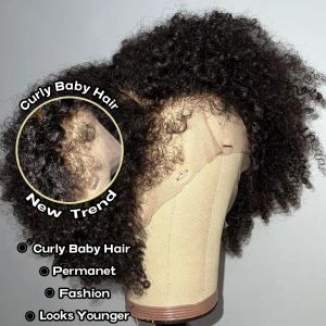 Transparent HD spetsar främre mänskliga hår peruk för flickor kort djup lockig peruk kinky hårfäste med yaki kinky kanter baby hår för plucked 13x4 spets peruk