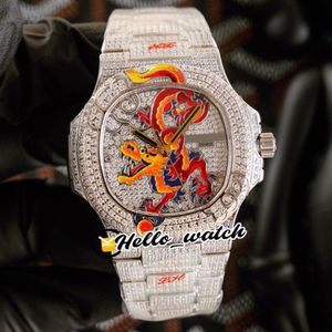 JHF Limited Nuovo Iced Out Full Diamonds 5720 1 Quadrante smaltato con design drago Cal 324 SC Orologio automatico da uomo 5720 Bracciale con diamanti He348R