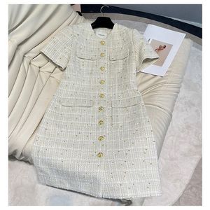 2023 Autumn Beige Tweed Single-Breasted Dress Short Sleeve Round Neck Double Pockets Elegant Casual Dresses 3A2733362159