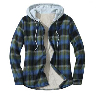 Jaquetas masculinas de algodão flanela camisa jaqueta com capuz masculino manga longa acolchoada casaco xadrez botão para baixo engrossar manter quente capuz inverno