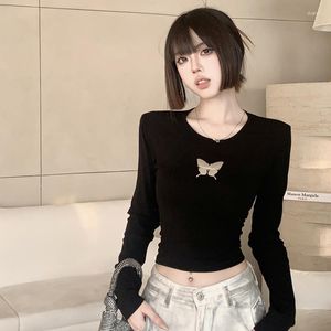 Women's T Shirts Women Butterfly Printed Slim Autumn Shirt 2023 Lady Backless Lace-up Hollow Sexy T-shirts Black White O Neck Basic Tees