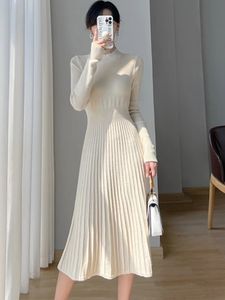 기본 캐주얼 드레스 새로운 가을 겨울 슬림 한 긴 소매 파티 드레스 니트 하이 고리 우아한 니트 스웨터 드레스 2024