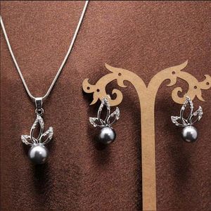 Fashion New Women's 18k Platinum Plated Grey Colors Pearl Austrian Crystal Necklace Earrings Jewelry Sets W294x
