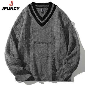 女性のセーターJFuncy Mens冬のニットセーターズセイターサイズの男性ブラックプルオーバーvネックジャンパーメンズビンテージストライプニットウェアメンズclosithl231004